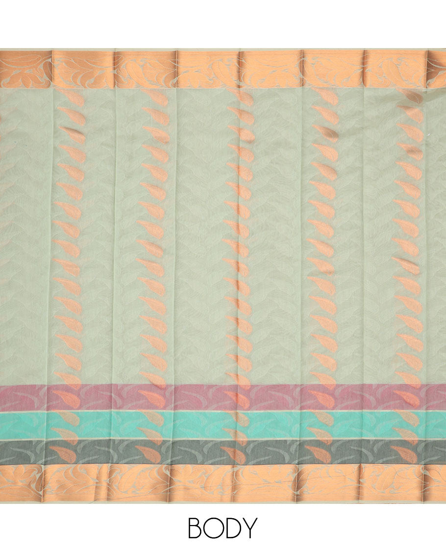 Green leaf motifs kora cotton saree with contrast zari design border & pallu of ogee design