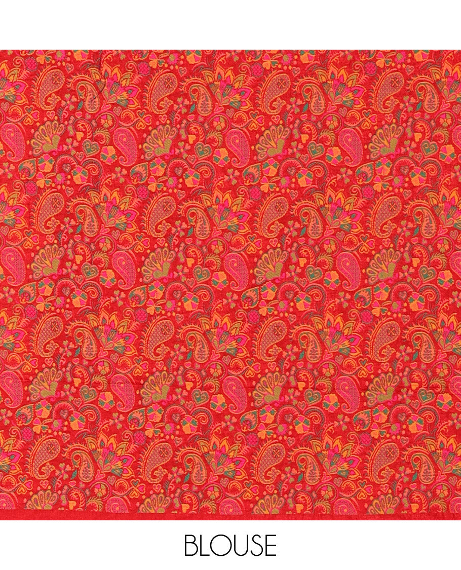 White Moss Chiffon Saree, Beautified with Horizontal Stripes, Peacock, and Floral Buttas All Over Its Body, Complemented by a Contrast Traditional Zari Border, Pallu Mirrors the Same Design, and Paired with a Contrast Floral-Paisley Blouse