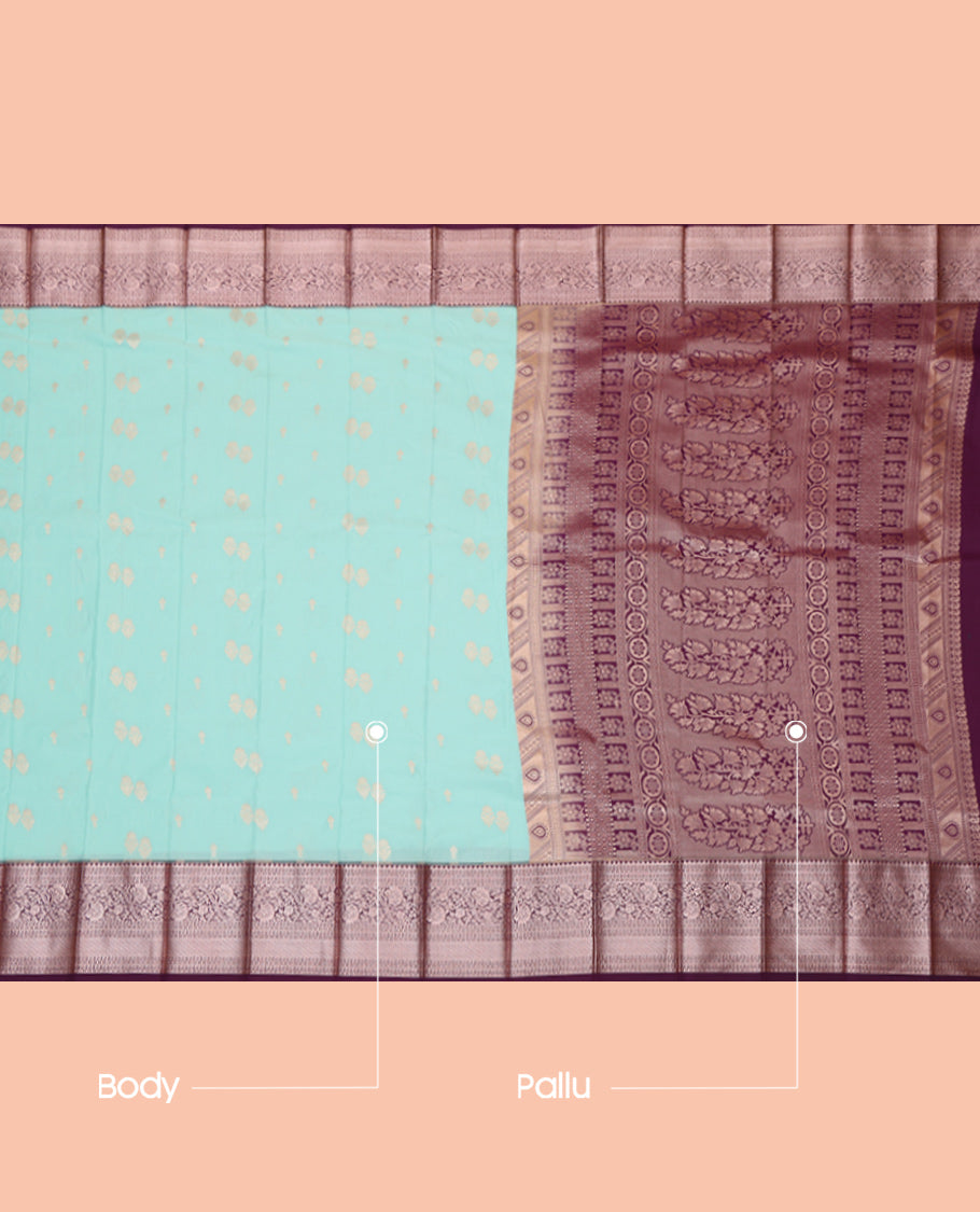 Pale Blue Budget Silk Saree, Sparsely Sparkled with Zari Buttas, Complemented by a Contrast Traditional Zari Border, Grand Pallu, and a Contrast Blouse