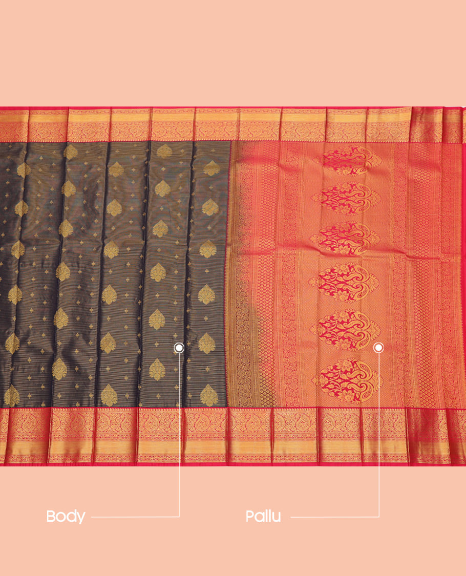 Black Budget Silk Saree, Woven with Zari Buttas and Stripes, Complemented by a Contrast Traditional Zari Border, Grand Pallu, and Contrast Blouse
