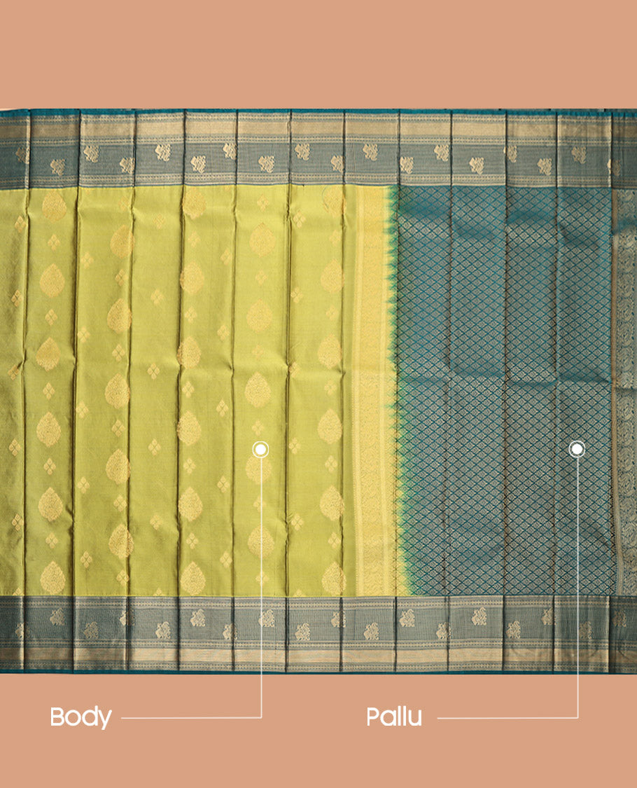 Green Budget Silk Saree, Subtly Sparkled with Zari Buttas, Complemented by a Contrast Traditional Zari Border, Grand Pallu, and a Contrast Blouse