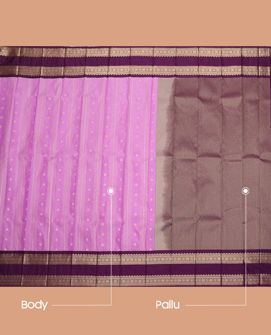 Pink Budget Silk Saree, Embellished with Buttas and Stripes, Complemented by a Contrast Traditional Rettai Pettu Border, Grand Pallu, and a Contrast Blouse