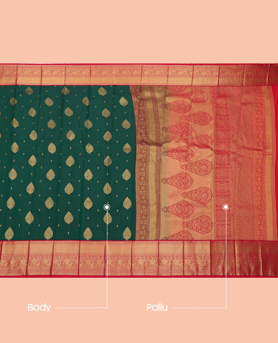 Green Budget Silk Saree, Woven with Zari Buttas, Complemented by Contrast Traditional Zari Border, Grand Pallu, and Contrast Blouse