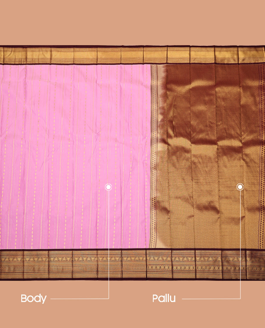Pink Budget Silk Saree, Elegantly Highlighted with Zari Buttas and Stripes, Complemented by a Contrast Traditional Zari Design Border, Grand Jaal Pallu, and Paired with a Contrast Blouse