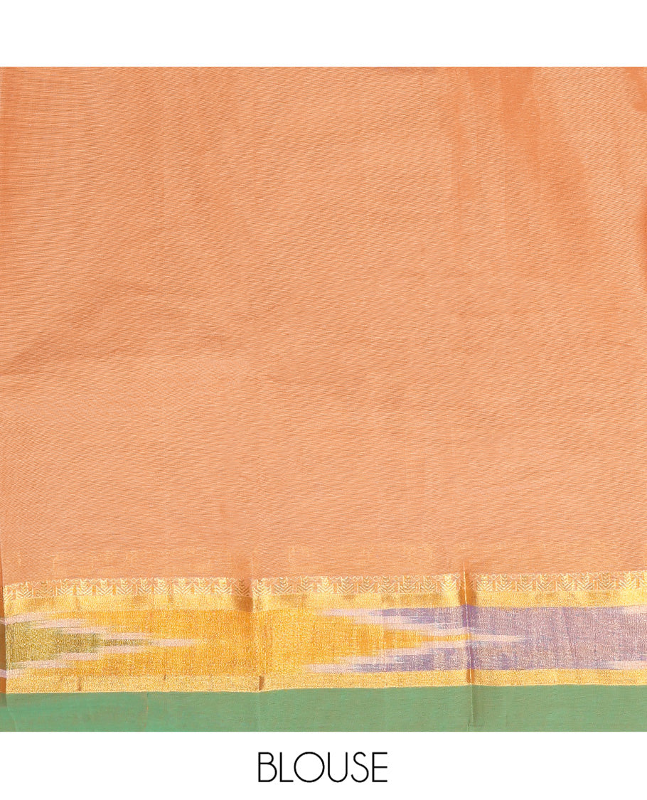 Brown Kanchi Cotton Saree, Embellished with Buttas All Over Its Body, Complemented by a Contrast Ikat Border, Pallu of Tree Designs, and Paired with a Matching Blouse