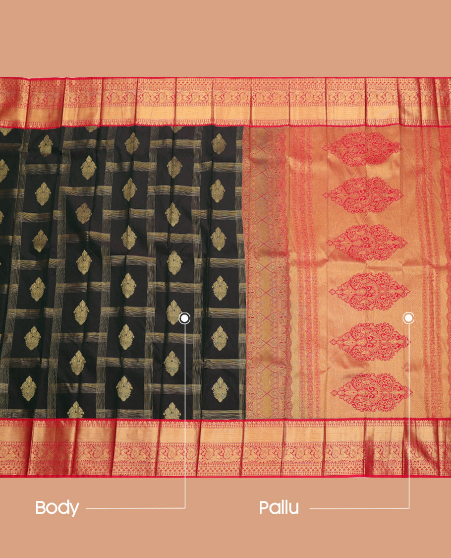 Black Budget Silk Saree, Ornamented with Zari Buttas and Checks, Complemented by a Contrast Traditional Zari Border, Grand Pallu, and Contrast Blouse