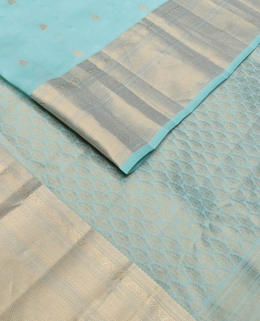 Blue zari buttas silk saree, jaal pallu & zari border of rekku, muthu, mayil kann & jadai nagam