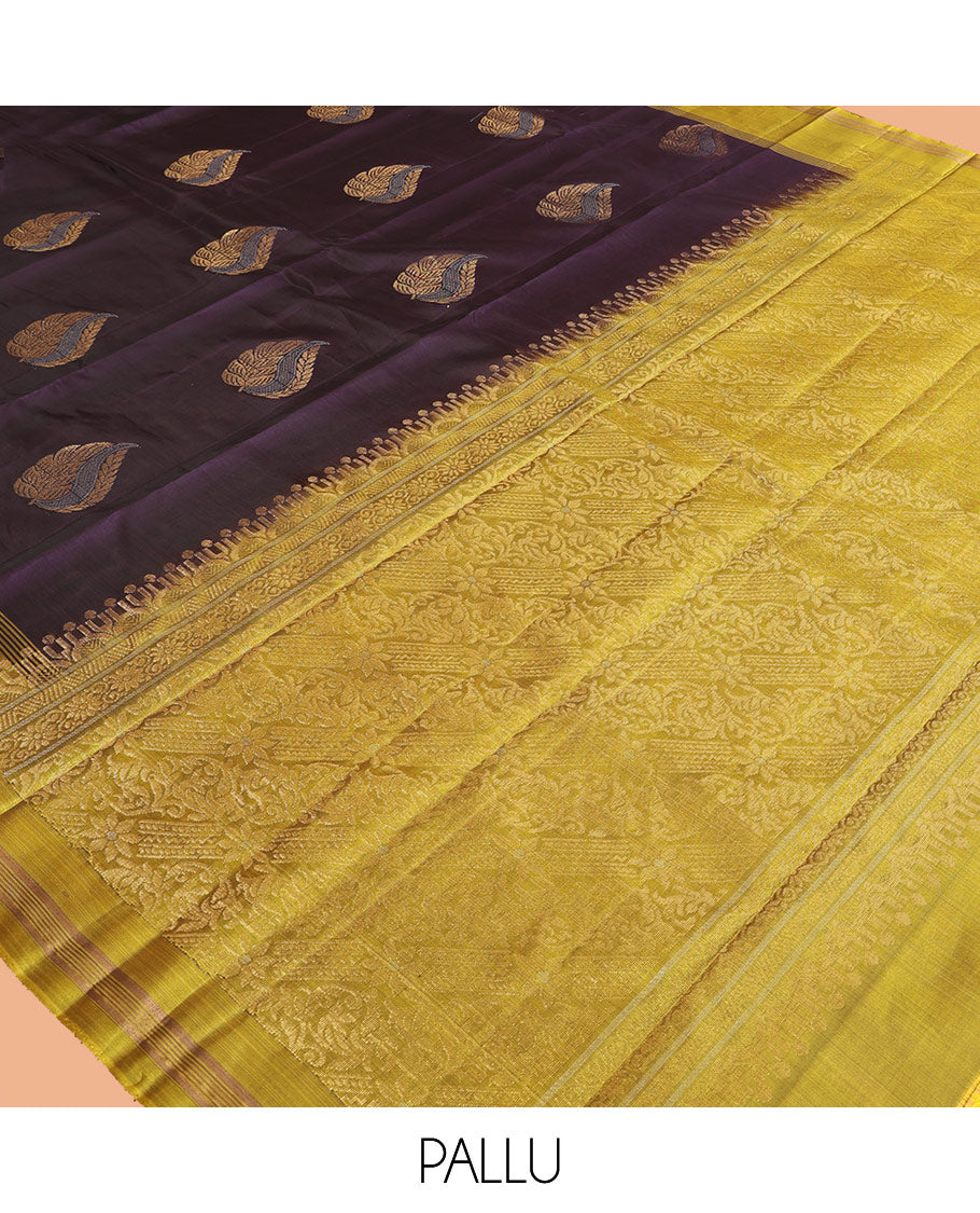 Dark Eggplant Purple Mayuri Lite Silk Mix Saree, Woven with Zari Buttas, Complemented by a Contrast Zari Butta Woven Border, Grand Pallu, and a Contrast Blouse