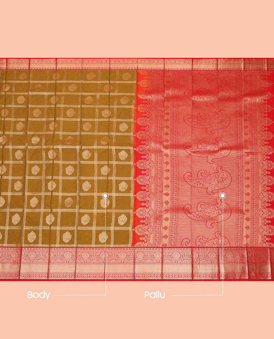 Mustard Budget Silk Saree, Adorned with Zari Butta Enclosed Checks, Contrast Traditional Zari Border, Grand Pallu, and a Contrast Blouse