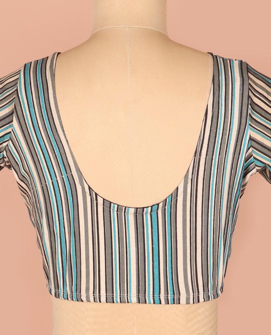 Multi-Color Readymade Blouse Subtly Printed with Stripes, Featuring Front Round Neck, Back Round Neck, and Elbow Sleeves