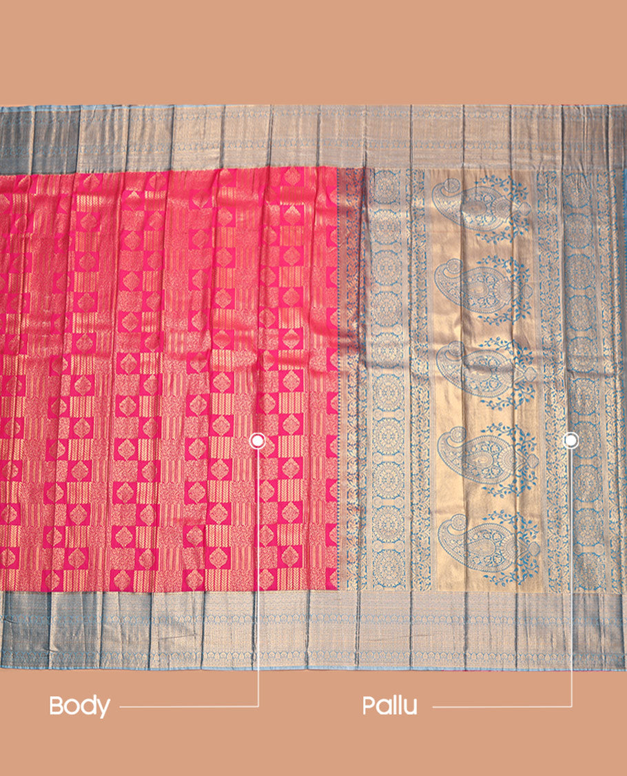 Pink Budget Silk Saree, Richly Detailed with Jacquard Design, Complemented by Contrast Traditional Zari Border, Intricate Pallu, and Contrast Blouse