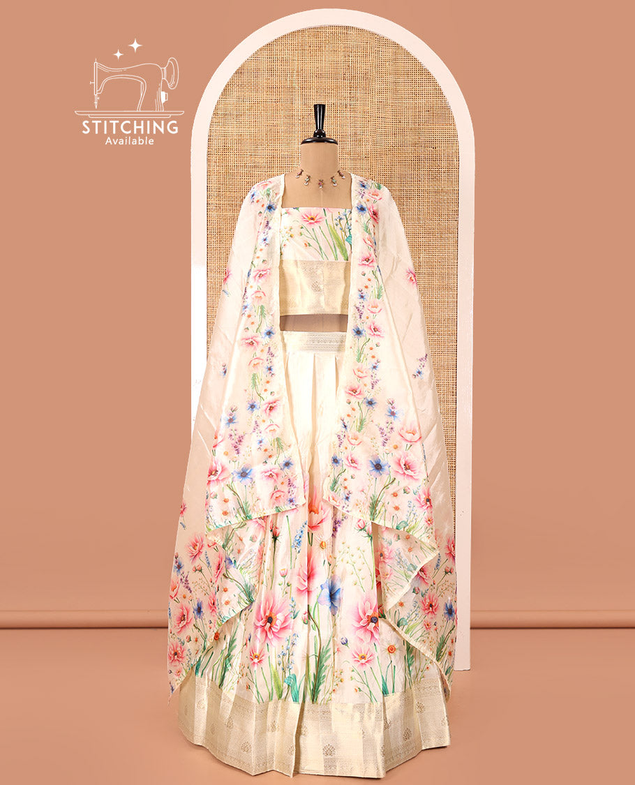 Cream Semi-Silk Half-Saree, Beautified with Colorful Floral Printed Skirt, Traditional Zari Border, a Matching Blouse, and a Floral Printed Semi-Silk Dhavani