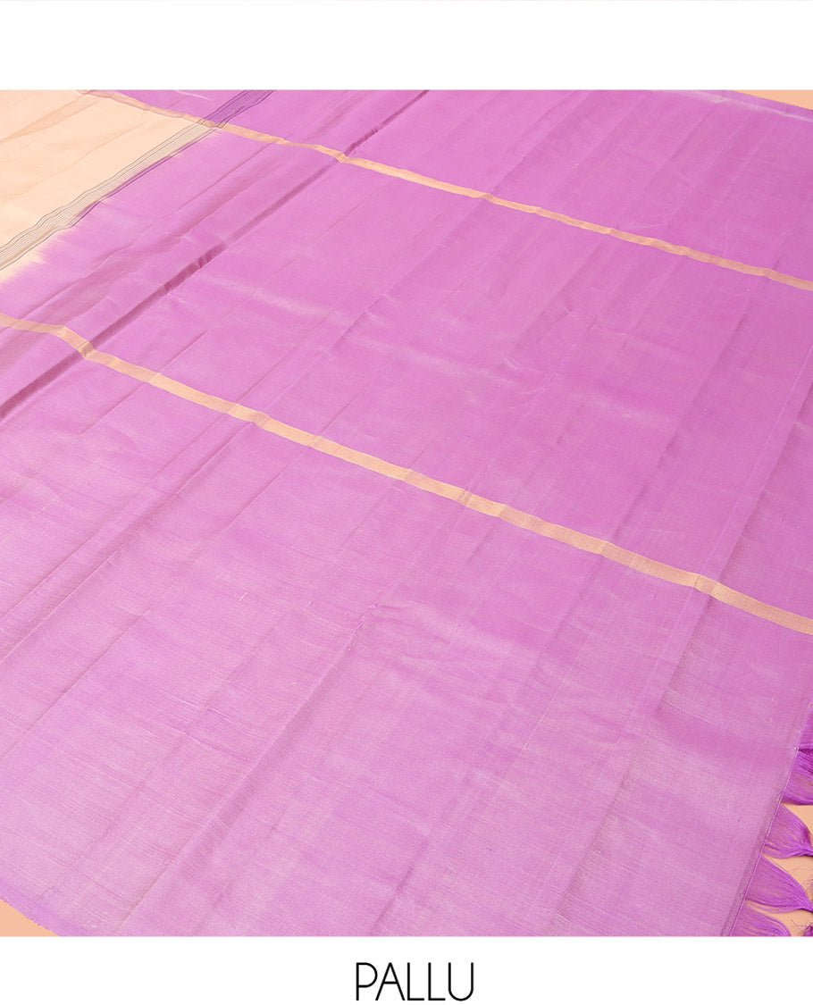 Borderless Purple-Ivory-Peach Kanchipuram Silk Saree with Three-Part Tri-Colors and Horizontal Zari Stripes, Saree Paired with a Matching Blouse