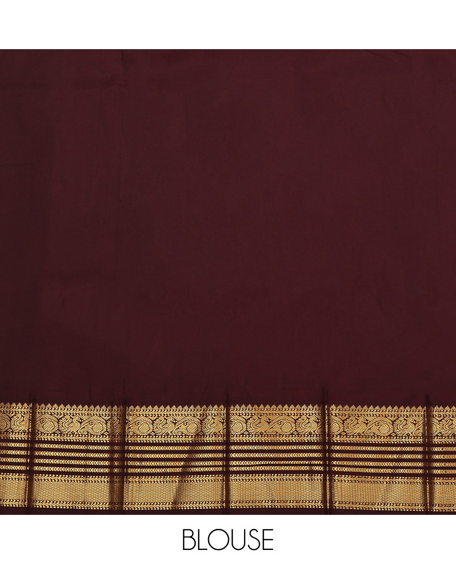 Red Budget Silk Saree, Embellished with Zari Buttas on Its Body, Complemented by a Contrast Traditional Zari Border, Grand Jaal Pallu, and Paired with a Contrast Blouse