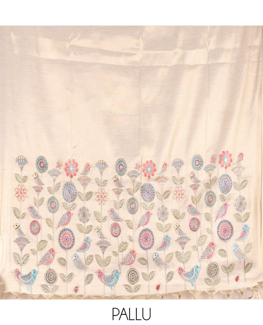 Borderless Off-White Tissue Saree, Enthralled with Colorful Floral-Bird Motif Printed with Outline Embroidery on Its Body, and Paired with a Readymade Elbow-Sleeve Round-Neck Blouse