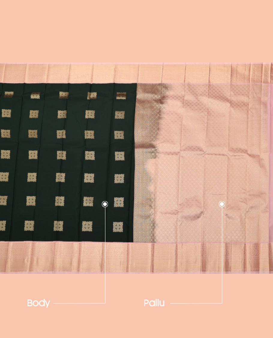 Green Budget Silk Saree, Embellished with Zari Buttas, Complemented by a Contrast Traditional Zari Border, Grand Pallu, and a Contrast Blouse