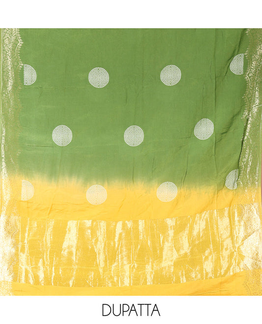 Yellow Semi Silk Material Churidar Set, Subtly Made Plain Top, a Plain Santoon Bottom, and Is Paired with a Dual-Colored Bandhani Motifs Semi Silk Dupatta