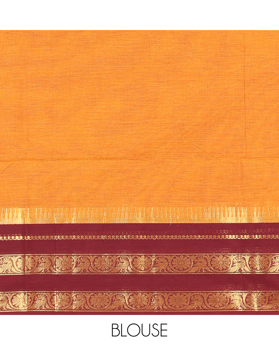 Orange Plain Chettinad Cotton Saree, Contrast Temple Varisai Pettu Floral Creeper Border, Striped Pallu, and a Matching Blouse