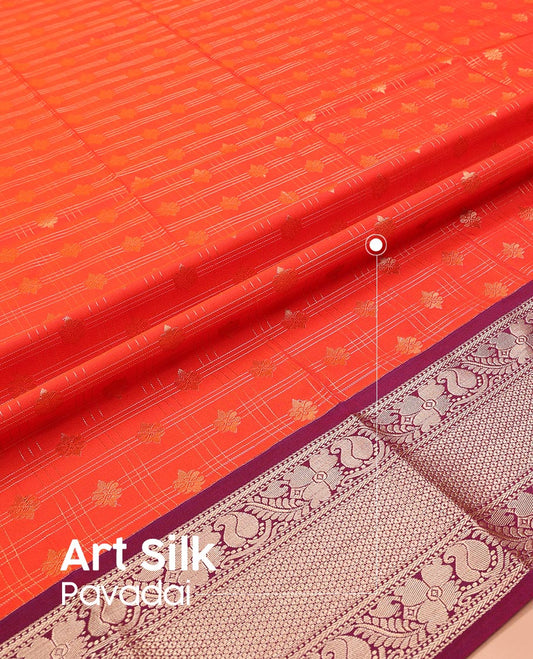 Red Art Silk Pavadai Material Set, Embellished with Zari Buttas and Checked Designs on Its Skirt, Complemented by a Contrast Traditional Zari Design Border, and Paired with a Contrast Blouse