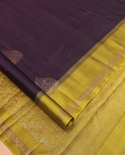 Dark Eggplant Purple Mayuri Lite Silk Mix Saree, Woven with Zari Buttas, Complemented by a Contrast Zari Butta Woven Border, Grand Pallu, and a Contrast Blouse