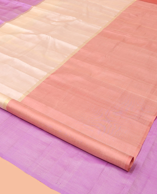 Borderless Purple-Ivory-Peach Kanchipuram Silk Saree with Three-Part Tri-Colors and Horizontal Zari Stripes, Saree Paired with a Matching Blouse