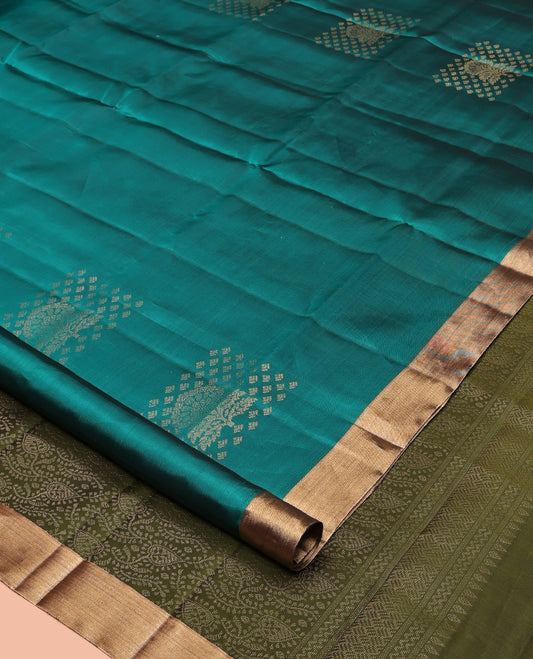 Green Mayuri Lite Silk Mix Saree, Detailed with Buttas All Over Its Body, Highlighted by a Zari Bavanji Border, Pallu of Intricate Designs, and Paired with a Contrast Blouse