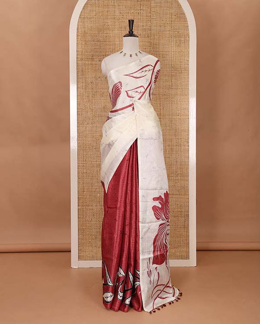 Borderless cream-pink batik-style floral printed khadi cotton saree, printed pallu & printed blouse