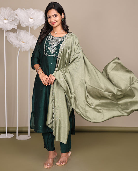 Green Ready-Made Rayon Suit, Featuring Embroidered Round Neckline, 3/4 Sleeves, and Straight-Cut Top, Paired with Straight-Cut Pants and a Contrast Embroidered Scallop Dupatta