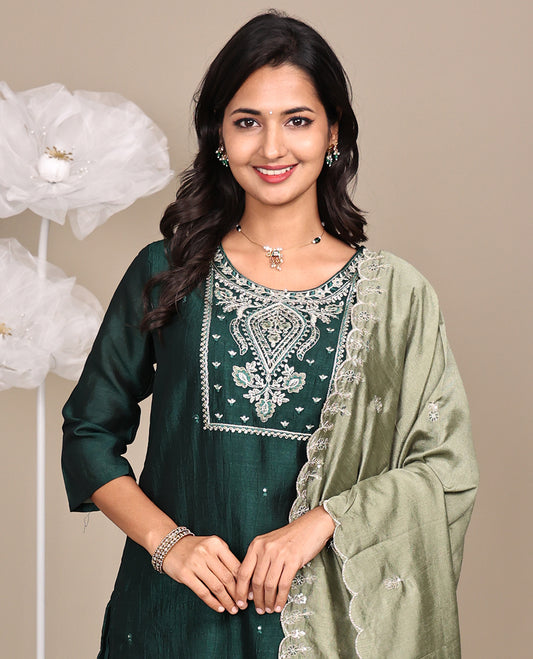 Green Ready-Made Rayon Suit, Featuring Embroidered Round Neckline, 3/4 Sleeves, and Straight-Cut Top, Paired with Straight-Cut Pants and a Contrast Embroidered Scallop Dupatta