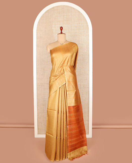 Borderless mustard sequins striped tussar saree, contrast pallu of sequins stripes