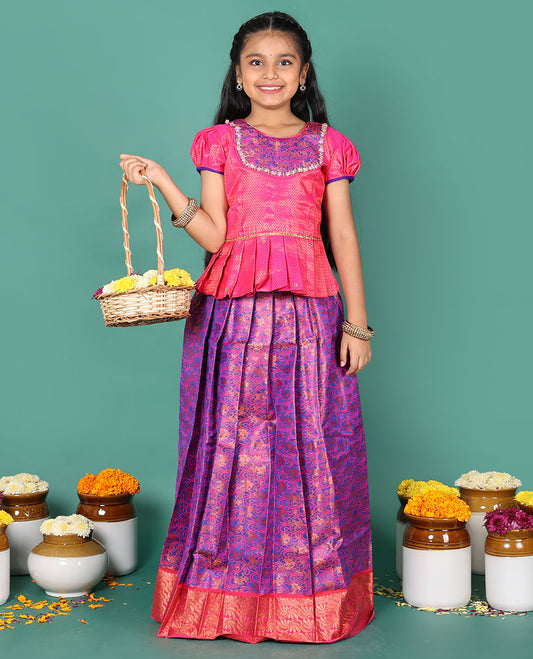 Blue readymade art silk pavadai, jacquard, and contrast zari border skirt, and contrast jacquard embroidered puff-sleeve blouse