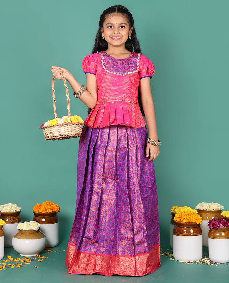 Blue readymade art silk pavadai, jacquard, and contrast zari border skirt, and contrast jacquard embroidered puff-sleeve blouse