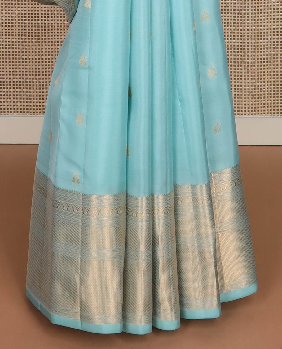 Blue zari buttas silk saree, jaal pallu & zari border of rekku, muthu, mayil kann & jadai nagam