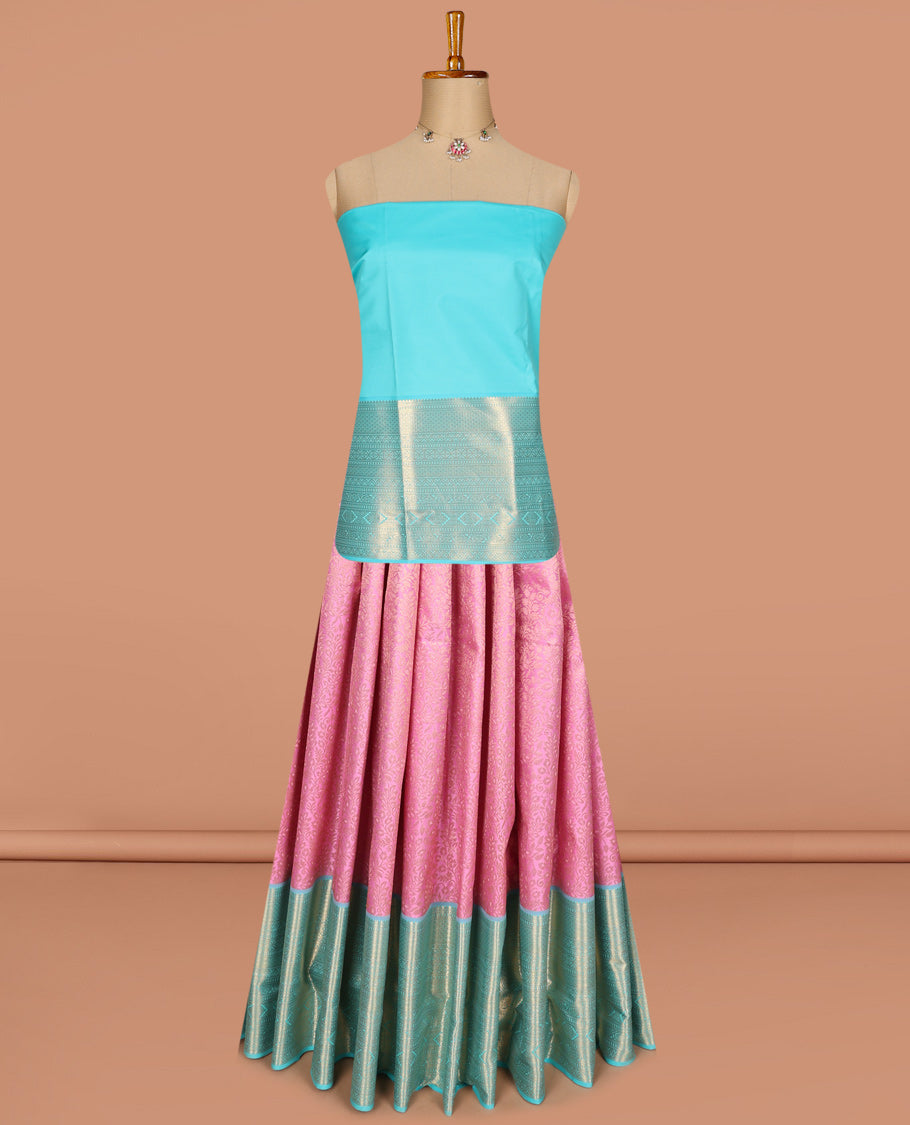 Pink pure silk half-saree, floral jacquard with contrast traditional zari bordered skirt, contrast zari design blouse, and zari design dhavani