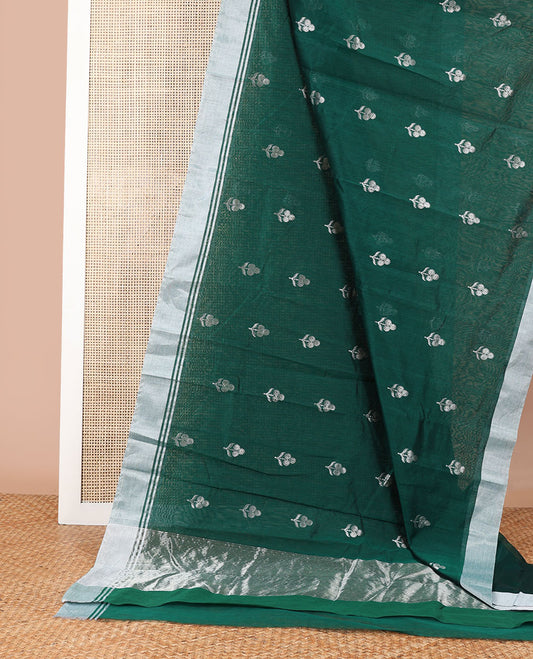 Dark green floral design chanderi cotton saree with self zari border & striped pallu