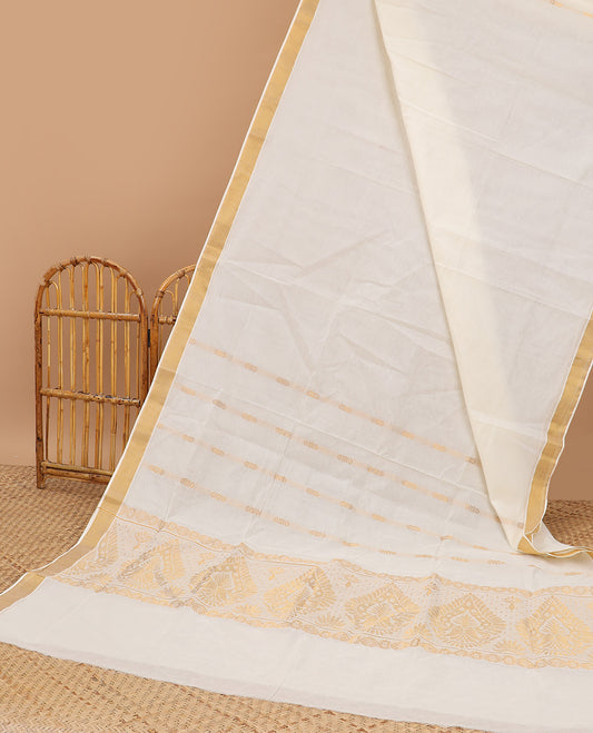 Cream kerala saree with zari stripes, zari border & pallu of intricate designs