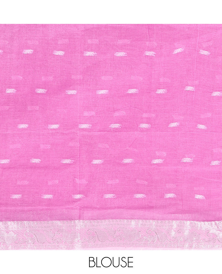 Pink Bengal Cotton Saree, Embellished with Buttas All Over Its Body, Complemented by a Contrast Paisley Zari Design Border, Pallu of Stripes, and Paired with a Matching Blouse