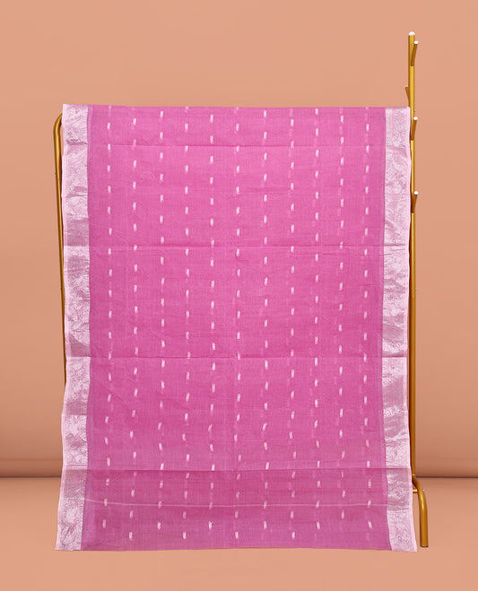 Pink Bengal Cotton Saree, Embellished with Buttas All Over Its Body, Complemented by a Contrast Paisley Zari Design Border, Pallu of Stripes, and Paired with a Matching Blouse