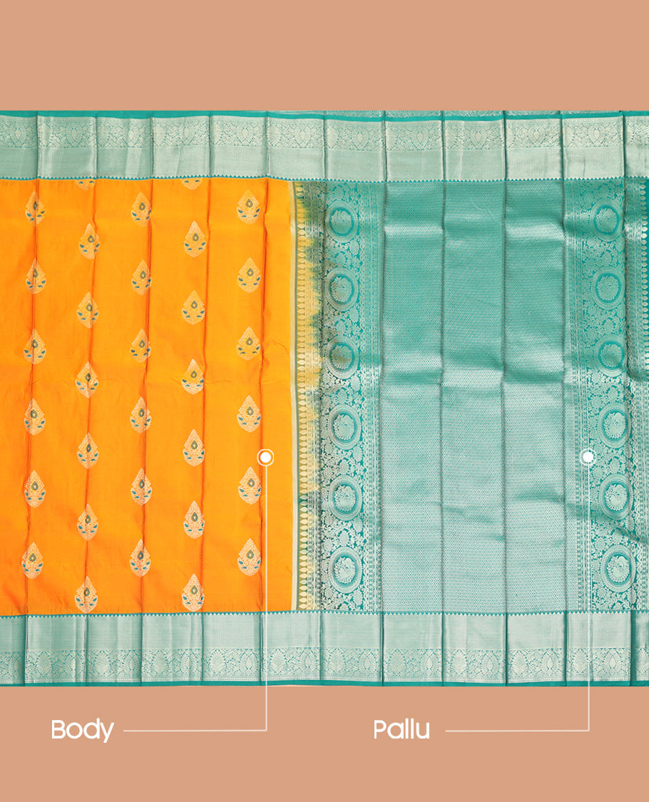 Orange Budget Silk Saree, Spotlighted with Meena Buttas All Over Its Body, Complemented by Contrast Traditional Zari Border, Geometric Patterned Pallu and Paired with a Contrast Blouse