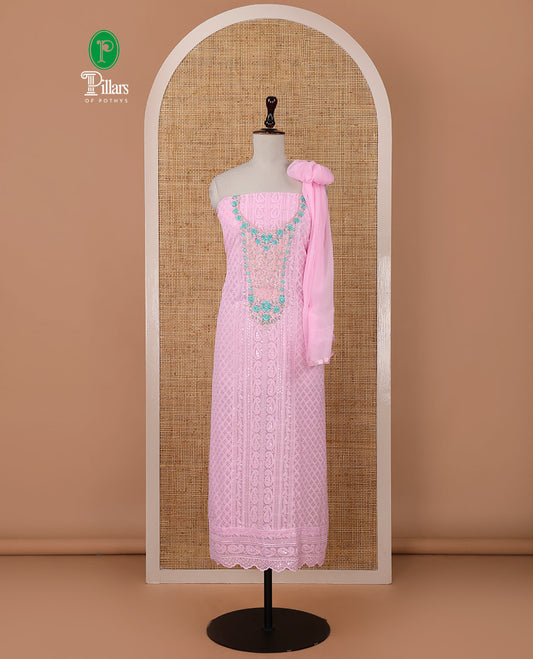 Pink chudidar material set,Lucknowi Chikankari embroidered & neckwork georgette top,crepe plain bottom, & chiffon plain dupatta