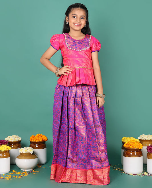 Blue readymade art silk pavadai, jacquard, and contrast zari border skirt, and contrast jacquard embroidered puff-sleeve blouse