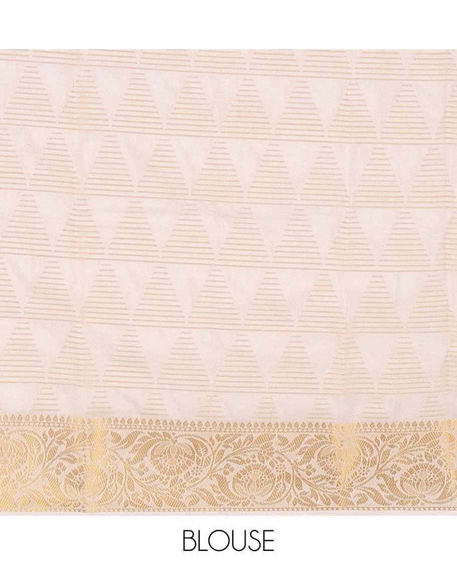 Half-white triangle motifs zari-woven viscose georgette saree,floral creeper zari border, lining seer pallu & zari design running blouse