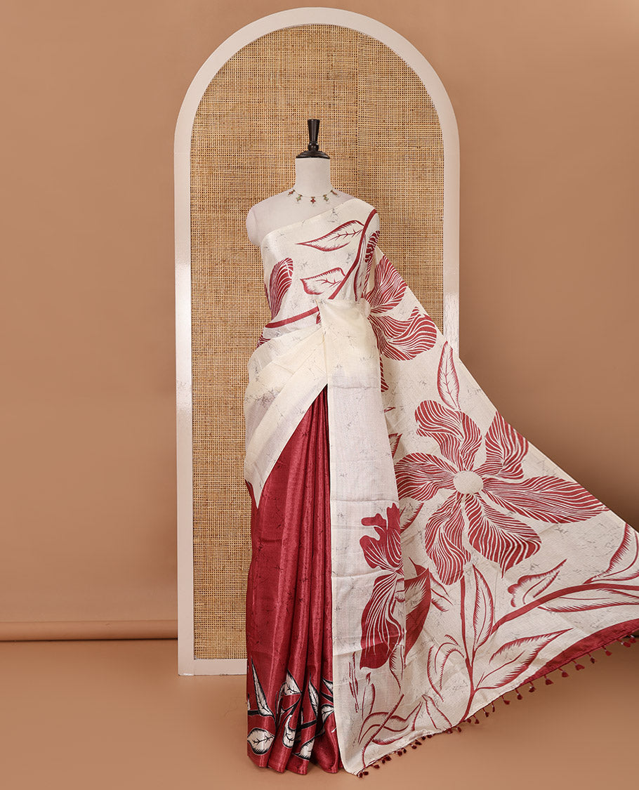 Borderless cream-pink batik-style floral printed khadi cotton saree, printed pallu & printed blouse