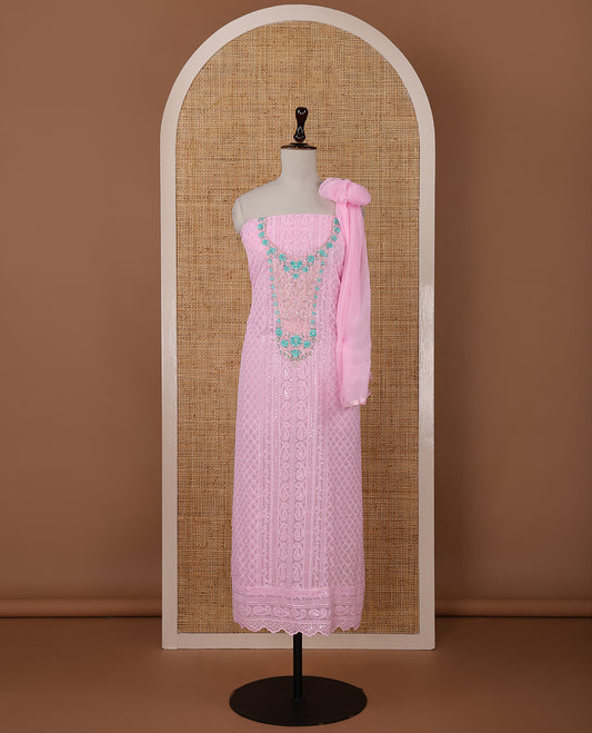 Pink chudidar material set,Lucknowi Chikankari embroidered & neckwork georgette top,crepe plain bottom, & chiffon plain dupatta
