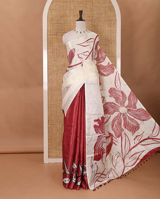 Borderless cream-pink batik-style floral printed khadi cotton saree, printed pallu & printed blouse