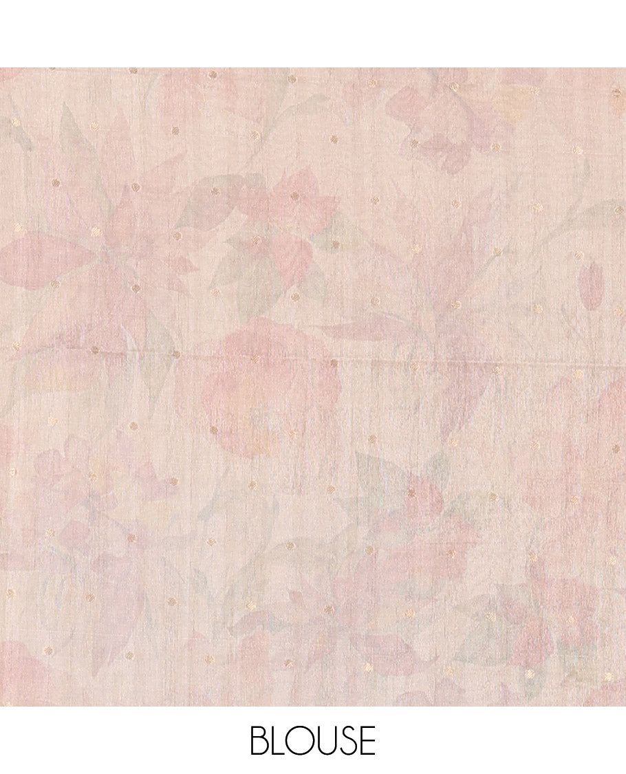 Borderless chikku-base colorful floral printed with buttas fancy tussar saree with a matching printed and zari work blouse