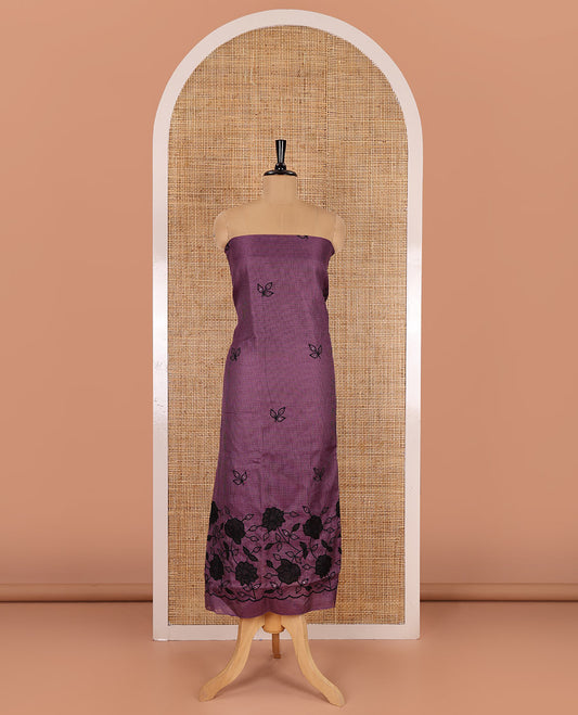 Purple material chudidar set, leaf-floral motifs thread and sequins embroidered kota cotton top, a matching bottom, and a leaf motifs thread and sequins embroidered dupatta