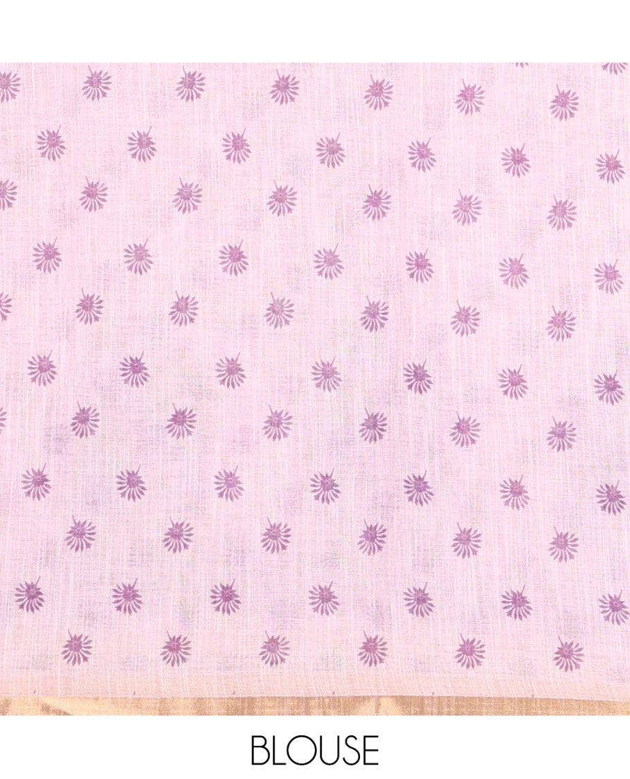 Pink Linen Cotton Saree, Beautiful Designed with Floral-Paisley Motifs Print All Over Its Body, Highlighted by Gold Zari Printed Border, Floral-Paisley Printed Pallu and Paired with a Matching Blouse
