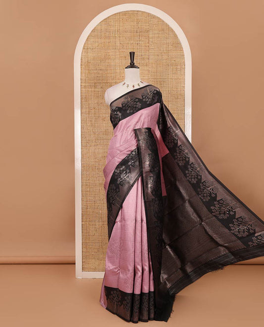 Baby pink zari checked & floral buttas kanchi silk saree,contrast satin border of floral zari motifs,intrictae pallu & contrast plain blouse