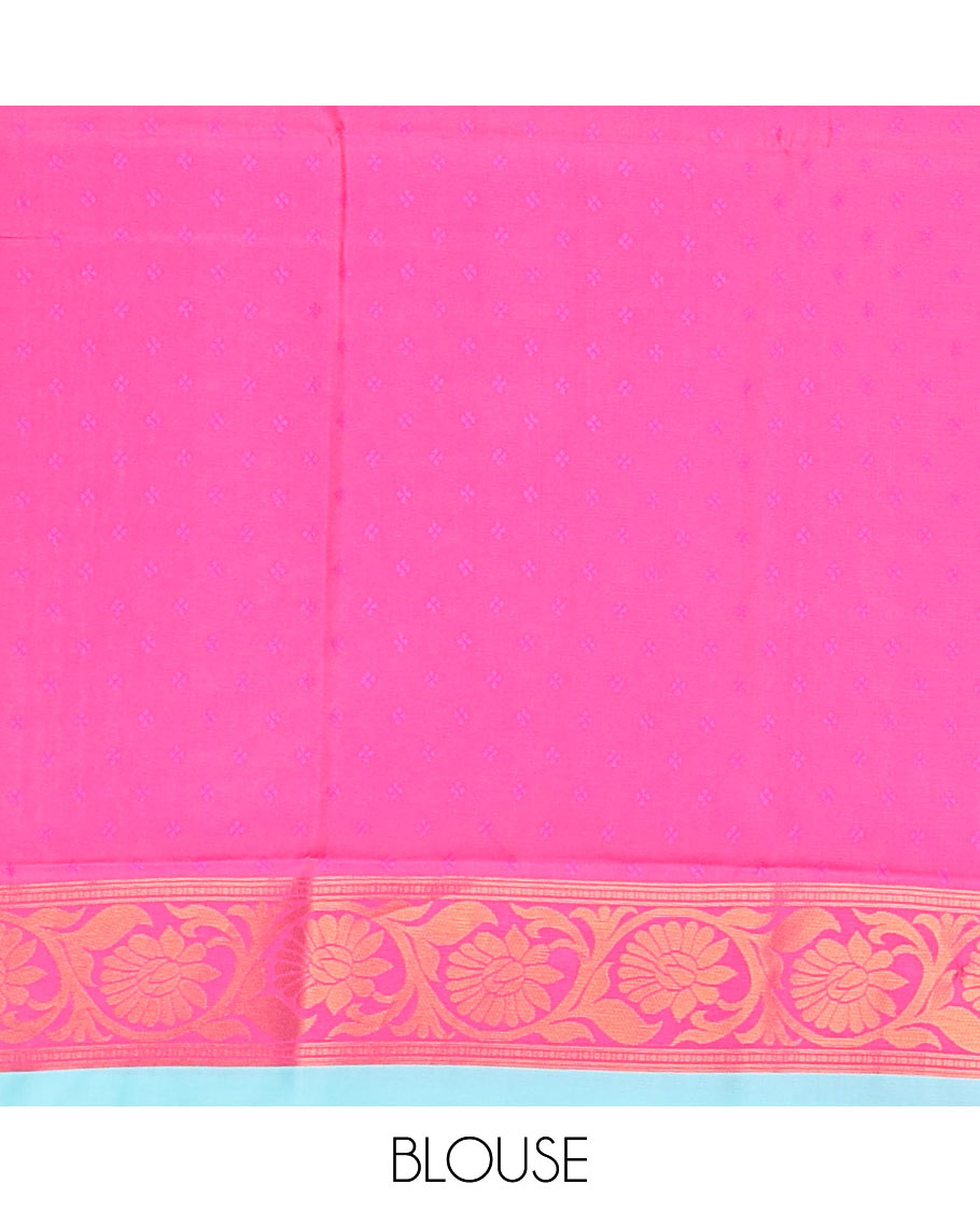 Blue ikkat geometric motifs butter silk saree with contrast floral zari border & intricate floral zari pallu